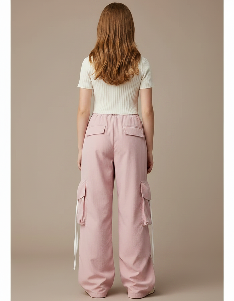 Pantalon Parachute Rose Cargo Ample Décontracté Fille - Polyester - vue 2