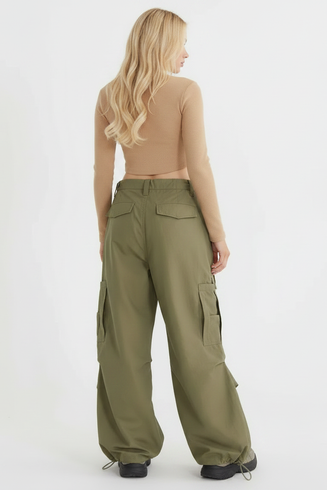 Pantalon Parachute Kaki Ample Cargo Streetwear Femme - Polyester - vue 2