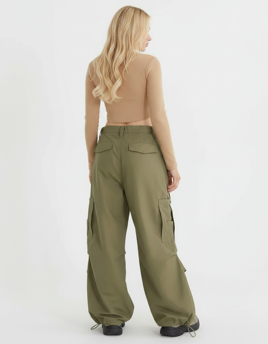 Pantalon Parachute Kaki Ample Cargo Streetwear Femme - Polyester - vue 2