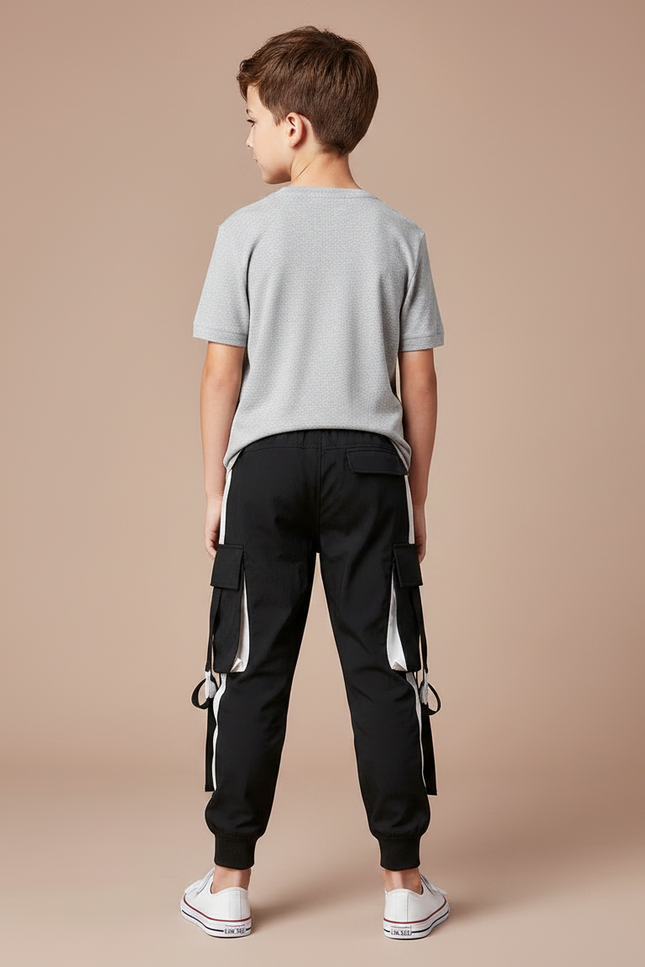 Pantalon Parachute Noir Cargo Cordon Ample Enfant - Polyester - vue 2