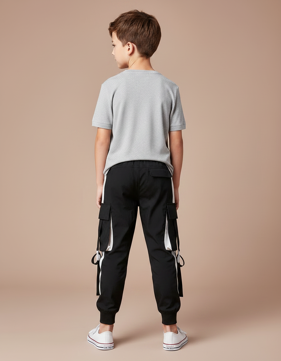 Pantalon Parachute Noir Cargo Cordon Ample Enfant - Polyester - vue 2