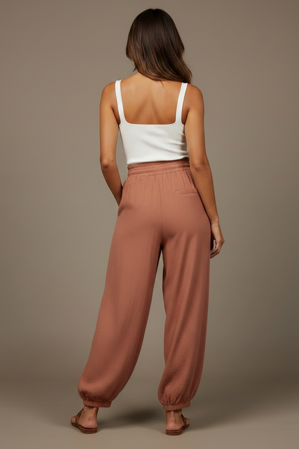 Pantalon Parachute Fluide Ample Taille Élastique Marron - Viscose - vue 2
