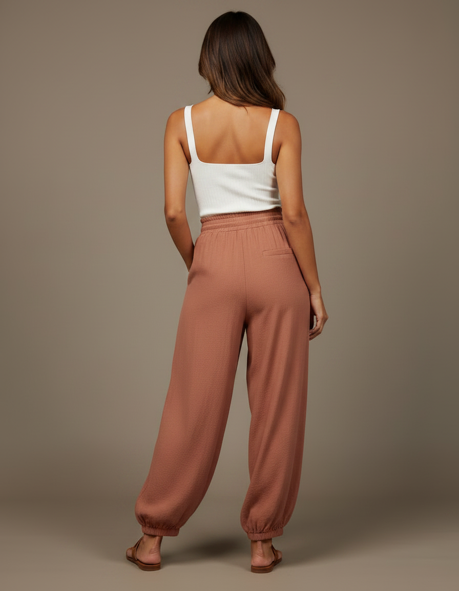 Pantalon Parachute Fluide Ample Taille Élastique Marron - Viscose - vue 2