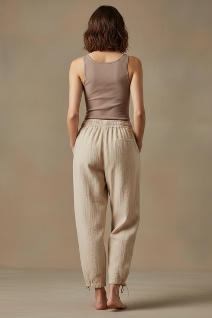 Pantalon Parachute Lin Beige Ample Décontracté Femme - vue 2