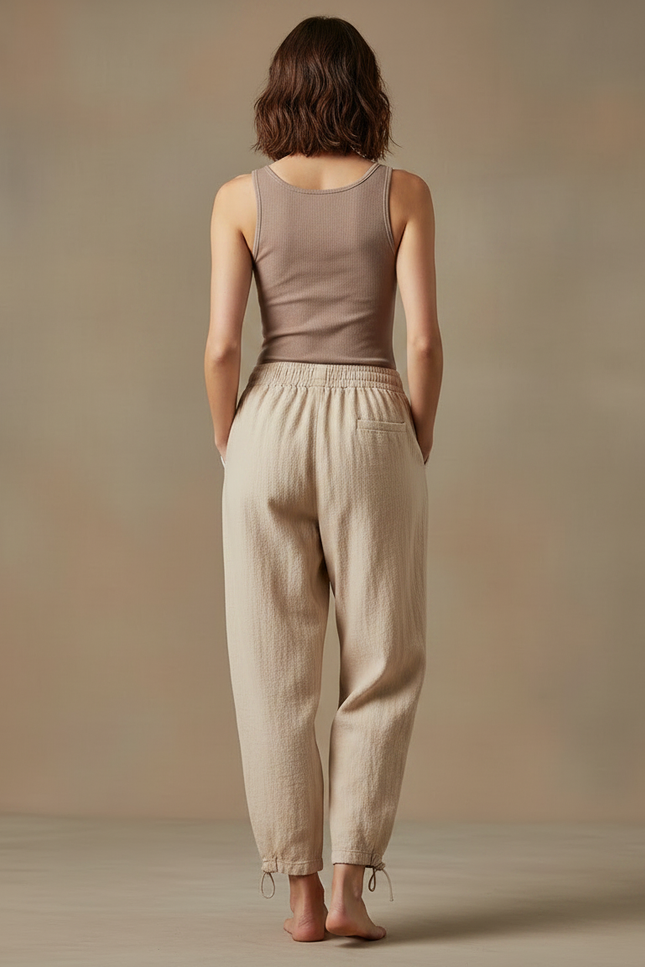 Pantalon Parachute Lin Beige Ample Décontracté Femme - vue 2