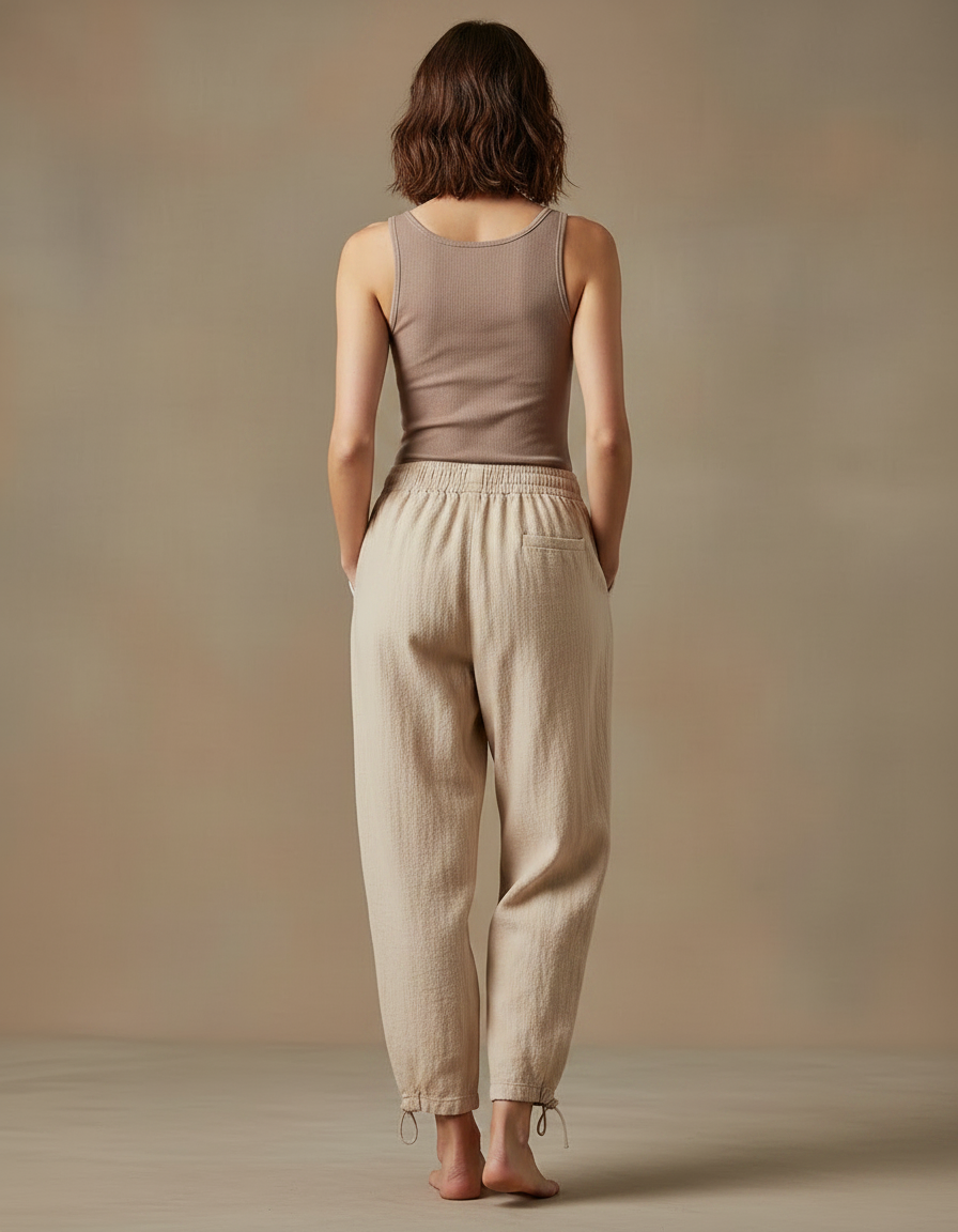 Pantalon Parachute Lin Beige Ample Décontracté Femme - vue 2