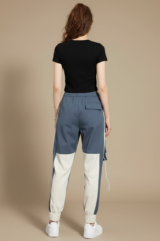 Pantalon Parachute Bicolore Cargo Ample Cordon Streetwear - Multicolore Polyester - vue 2