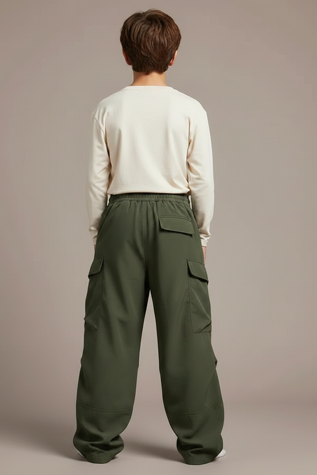 Pantalon Parachute Kaki Cargo Ample Garçon Streetwear - Polyester - vue 2