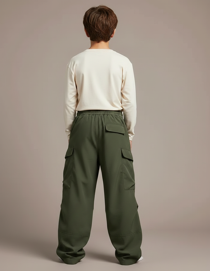 Pantalon Parachute Kaki Cargo Ample Garçon Streetwear - Polyester - vue 2