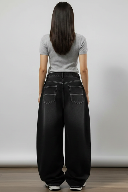 Pantalon Parachute Noir Délavé Ample Denim Y2K Femme - Jean - vue 2