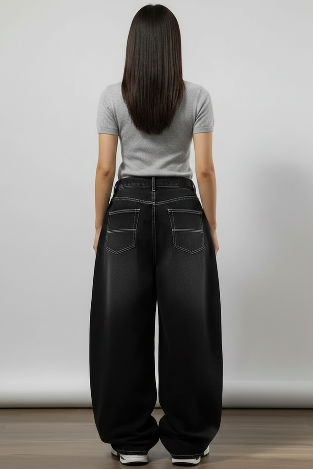 Pantalon Parachute Noir Délavé Ample Denim Y2K Femme - Jean - vue 2