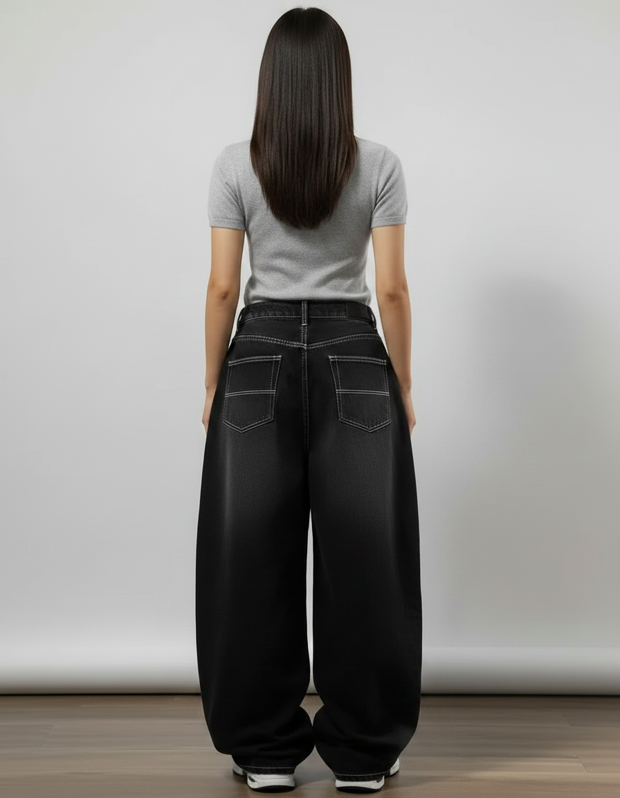 Pantalon Parachute Noir Délavé Ample Denim Y2K Femme - Jean - vue 2
