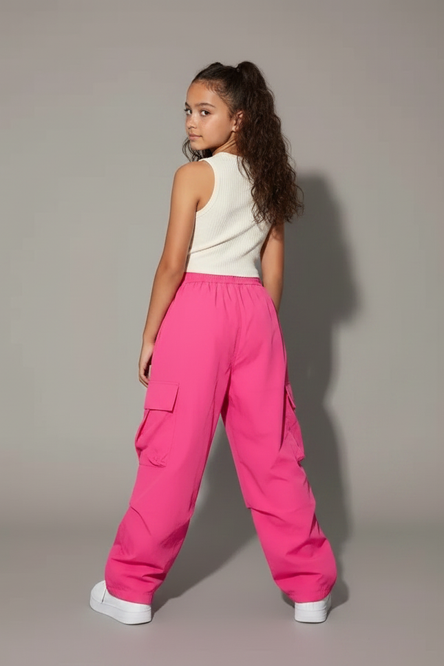 Pantalon Parachute Rose Vif Cargo Ample Enfant Fille - Polyester - vue 2