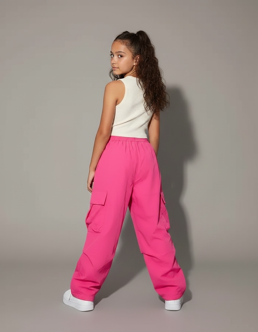 Pantalon Parachute Rose Vif Cargo Ample Enfant Fille - Polyester - vue 2
