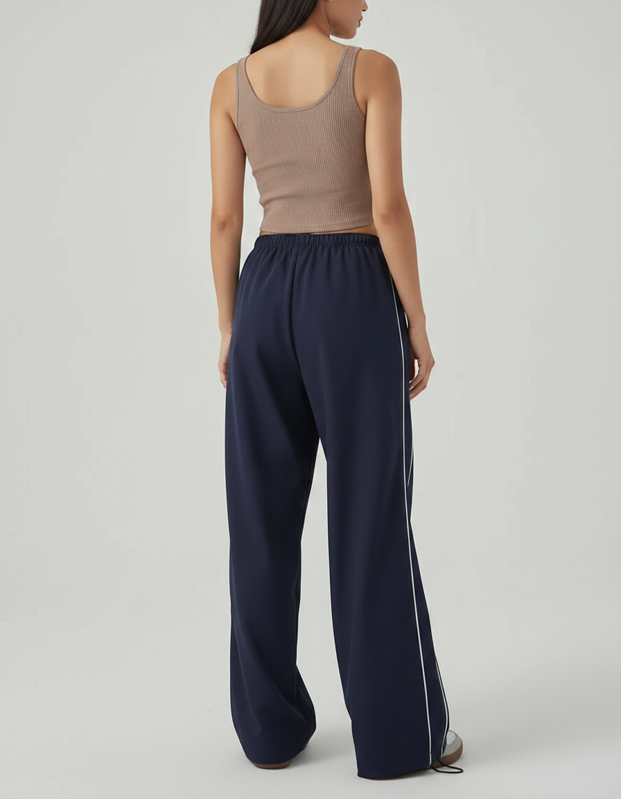 Pantalon Parachute Bleu Marine Ample Décontracté Rayures Latérales - Polyester - vue 2