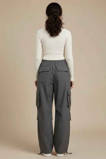 Pantalon Parachute Gris Femme Cargo Ample Droite Décontracté - Polyester - vue 2
