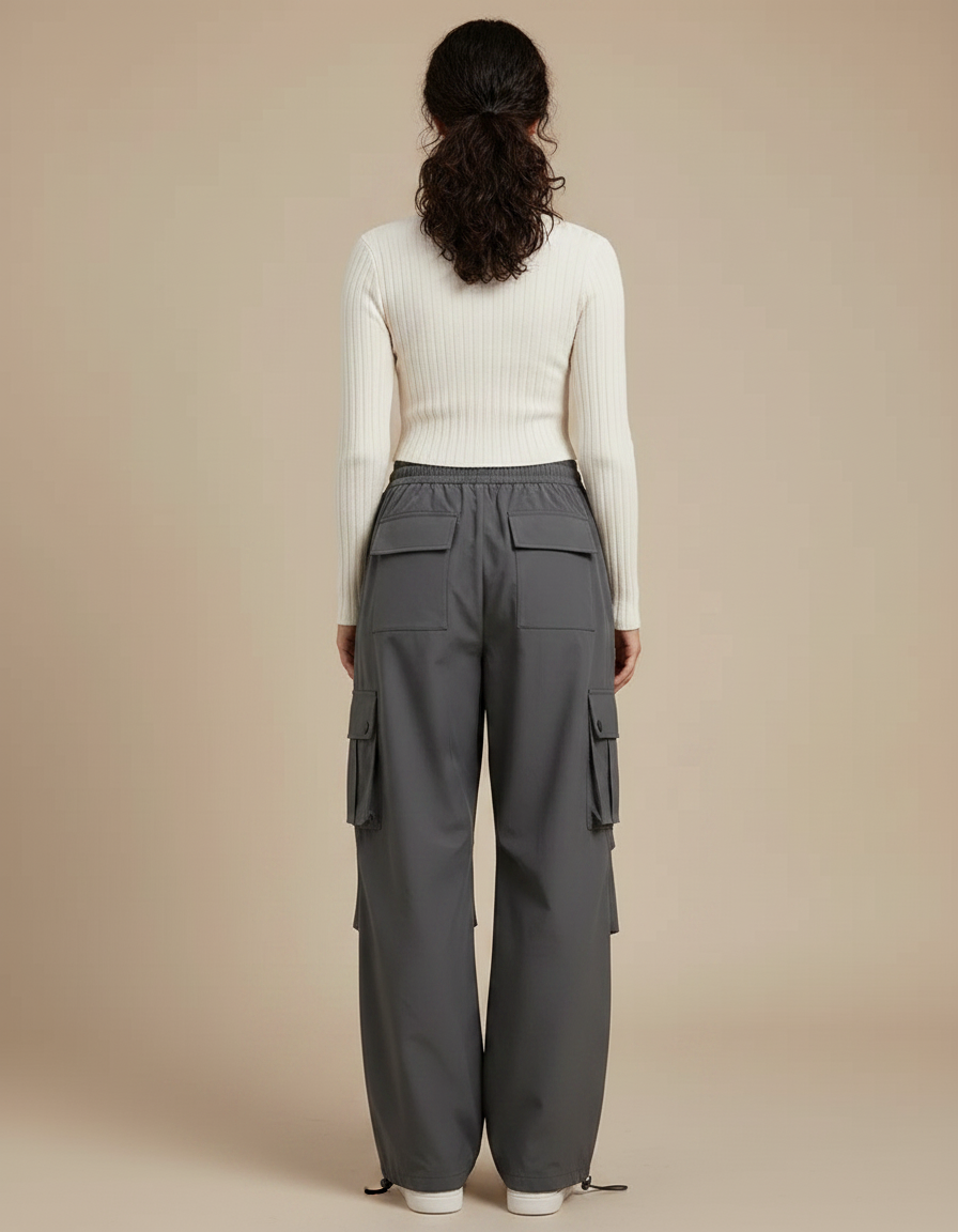 Pantalon Parachute Gris Femme Cargo Ample Droite Décontracté - Polyester - vue 2