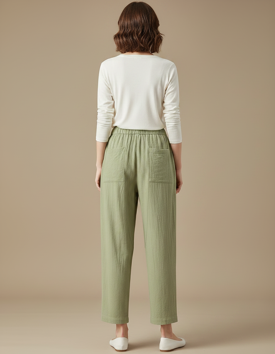 Pantalon Parachute Vert Coton Ample Droit Décontracté Femme - vue 2