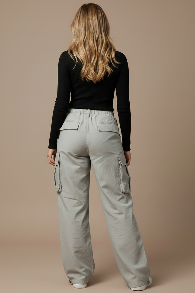 Pantalon Parachute Gris Ample Cargo Cordon Décontracté - Polyester - vue 2