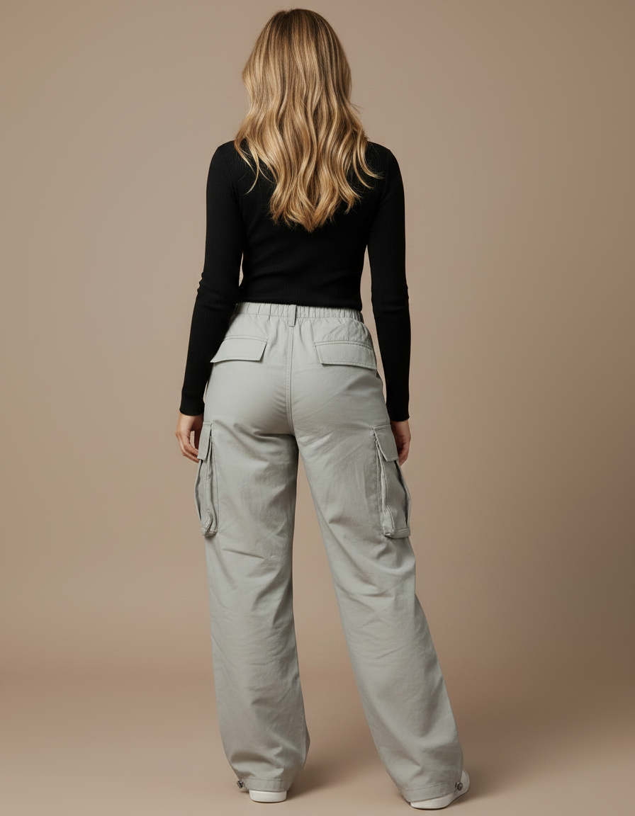 Pantalon Parachute Gris Ample Cargo Cordon Décontracté - Polyester - vue 2