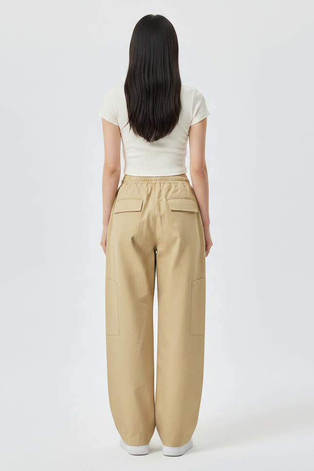 Pantalon Parachute Beige Cargo Ample Cordon Décontracté - Toile - vue 2