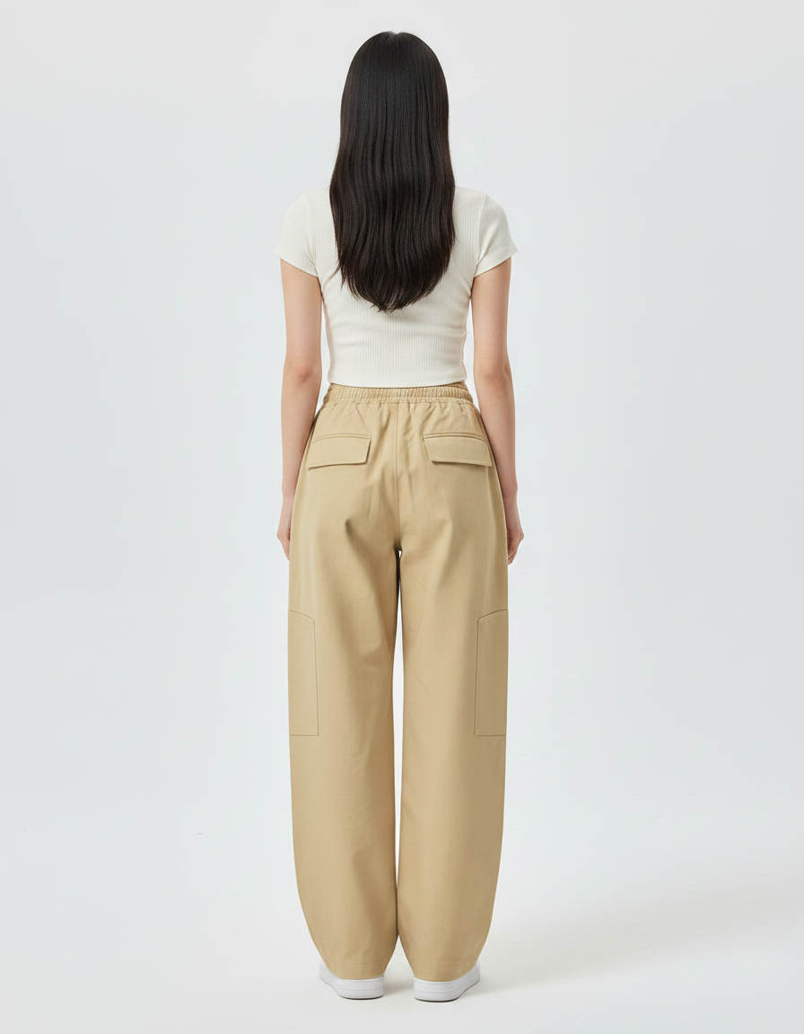 Pantalon Parachute Beige Cargo Ample Cordon Décontracté - Toile - vue 2