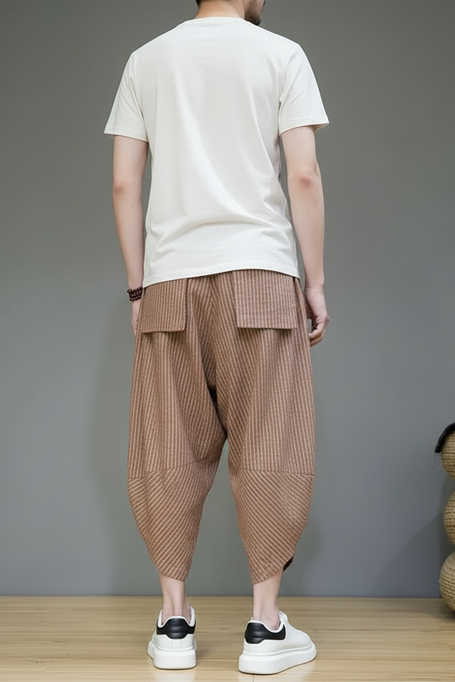 Pantalon Parachute Rayé Marron Ample Coton Harajuku - vue 2