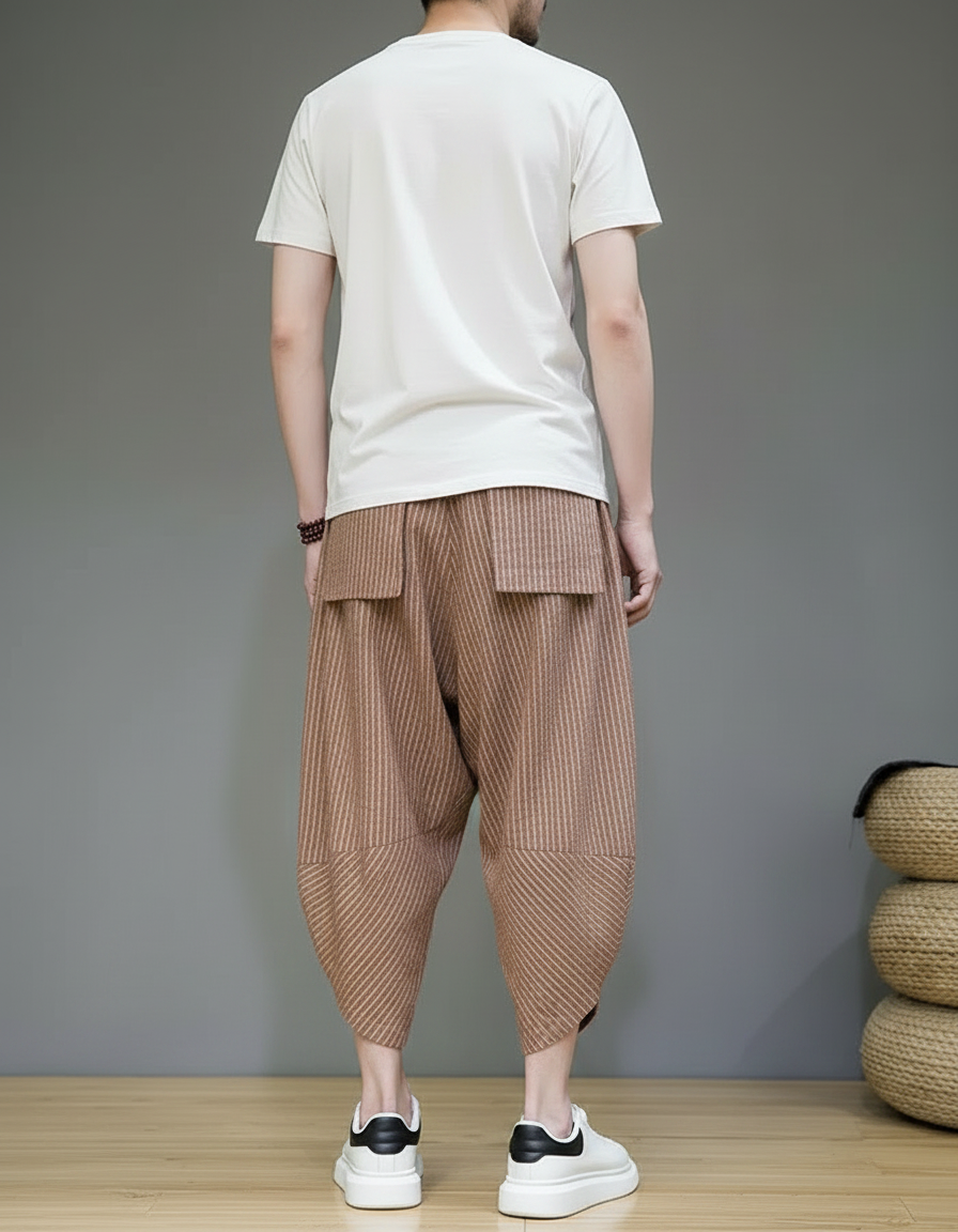 Pantalon Parachute Rayé Marron Ample Coton Harajuku - vue 2