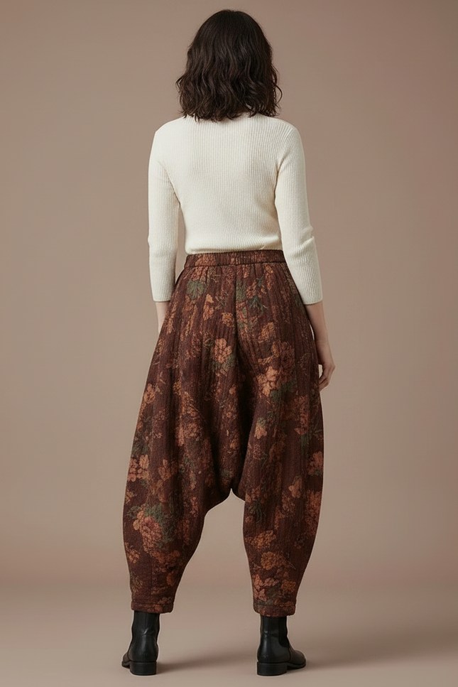 Pantalon Parachute Coton Imprimé Floral Ample Marron - vue 2