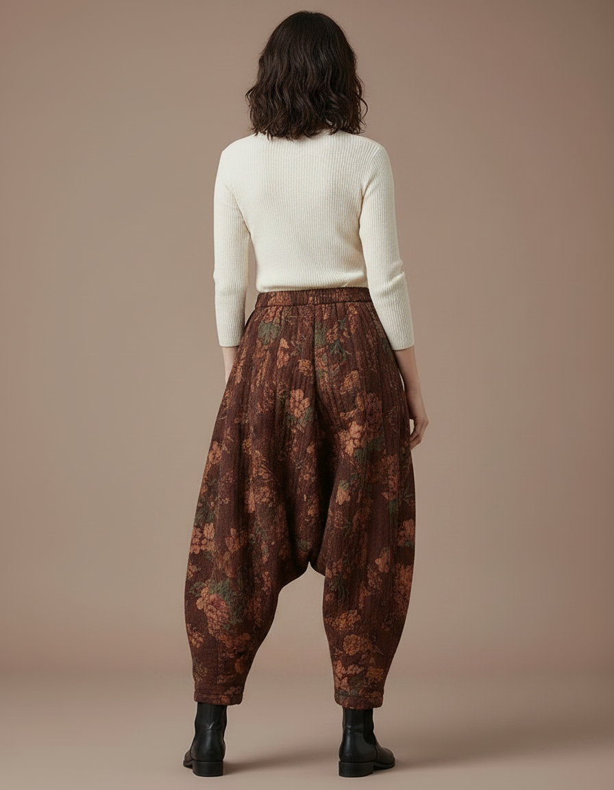 Pantalon Parachute Coton Imprimé Floral Ample Marron - vue 2