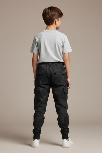 Pantalon Parachute Noir Cargo Imprimé Géométrique Cordon Enfant - Polyester - vue 2
