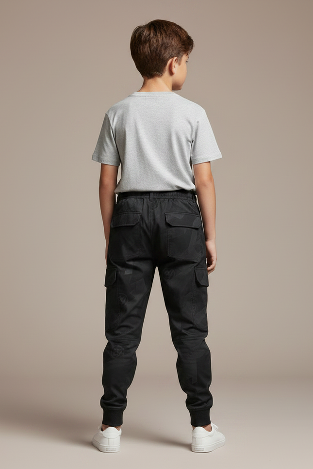 Pantalon Parachute Noir Cargo Imprimé Géométrique Cordon Enfant - Polyester - vue 2