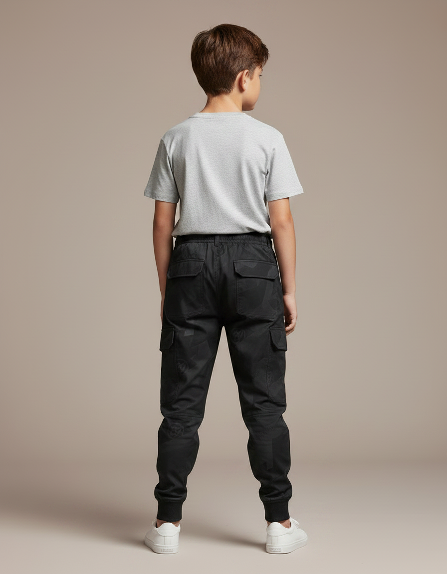Pantalon Parachute Noir Cargo Imprimé Géométrique Cordon Enfant - Polyester - vue 2