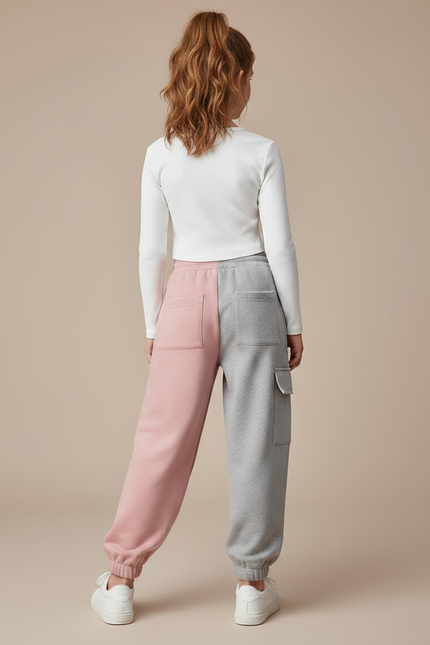 Pantalon Parachute Bicolore Ample Cargo Fille Coton - Multicolore Molleton - vue 2