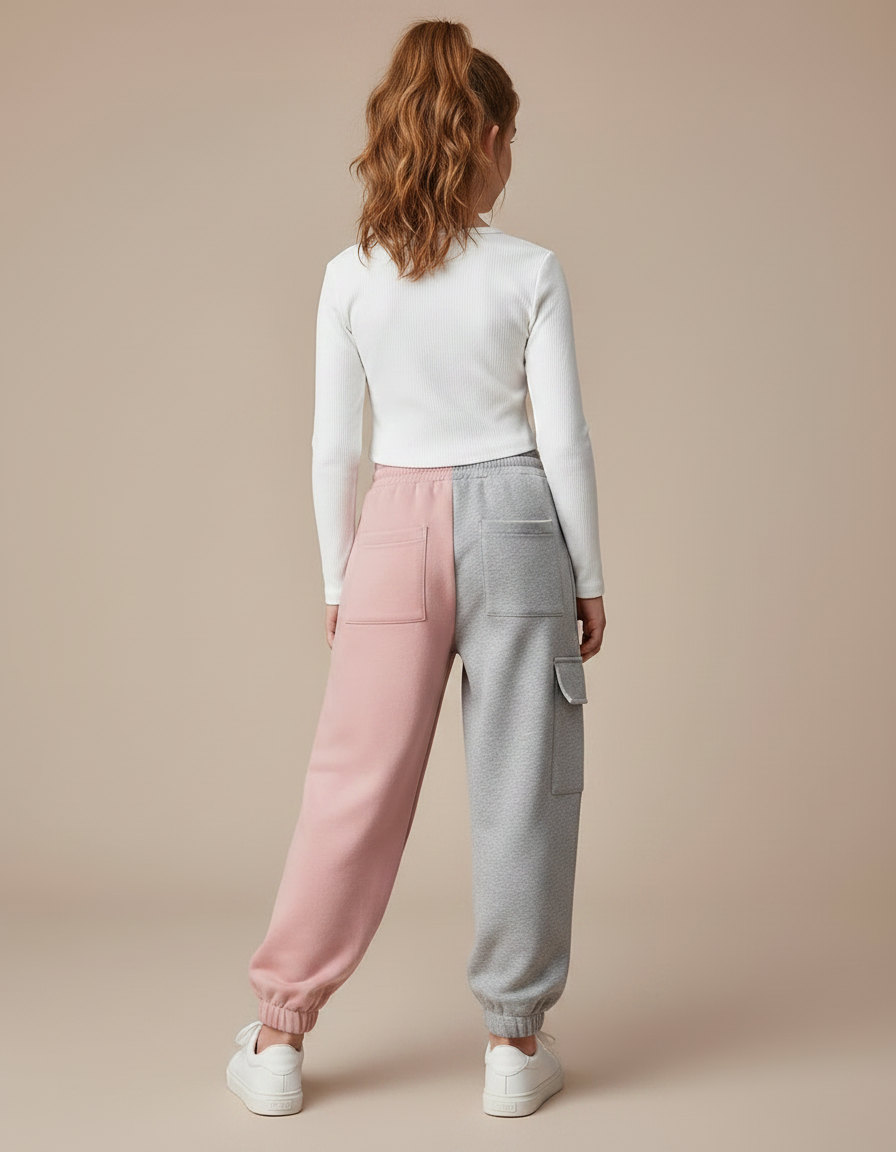 Pantalon Parachute Bicolore Ample Cargo Fille Coton - Multicolore Molleton - vue 2
