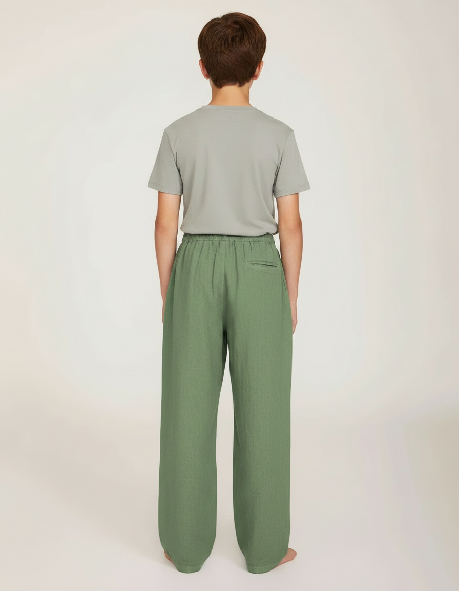 Pantalon Parachute Lin Vert Ample Décontracté Garçon - vue 2