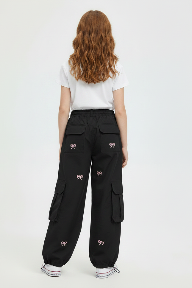 Pantalon Parachute Noir Cargo Ample Fille Nœuds Roses - Polyester - vue 2