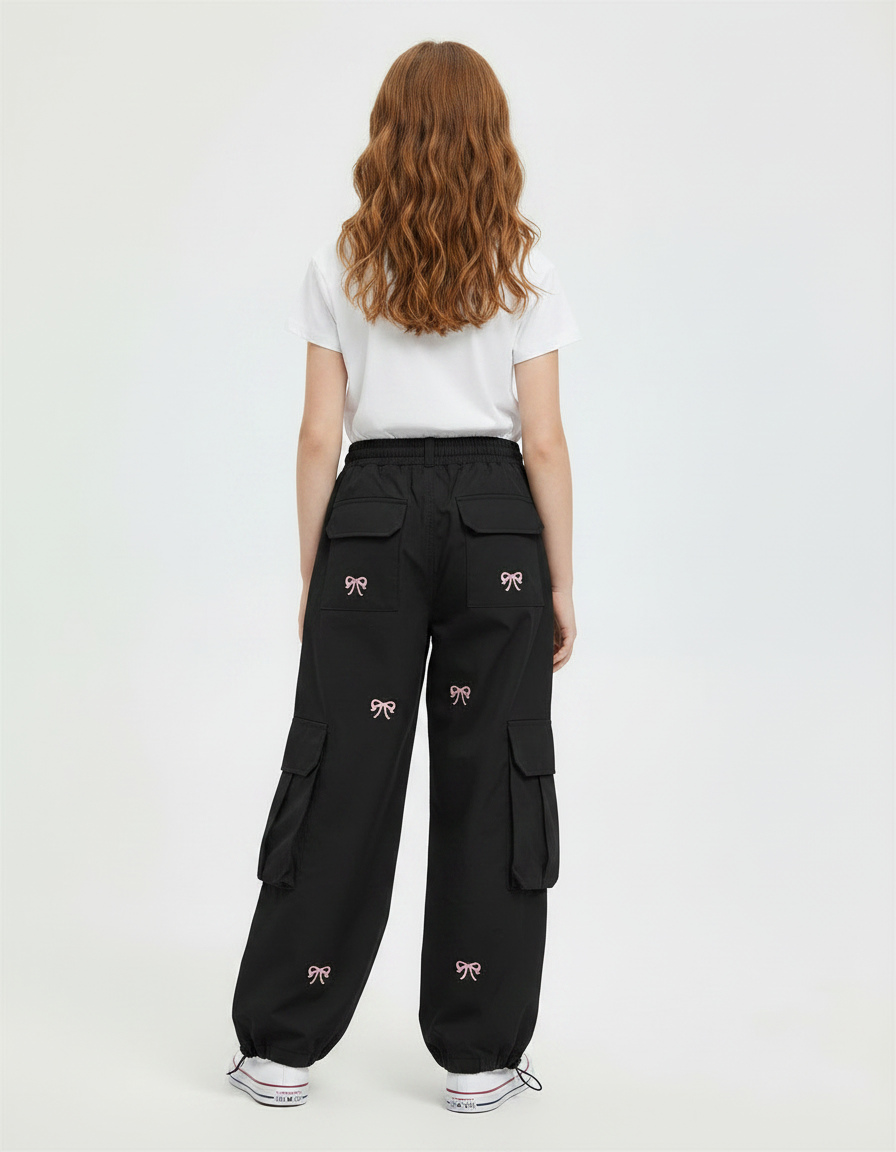 Pantalon Parachute Noir Cargo Ample Fille Nœuds Roses - Polyester - vue 2