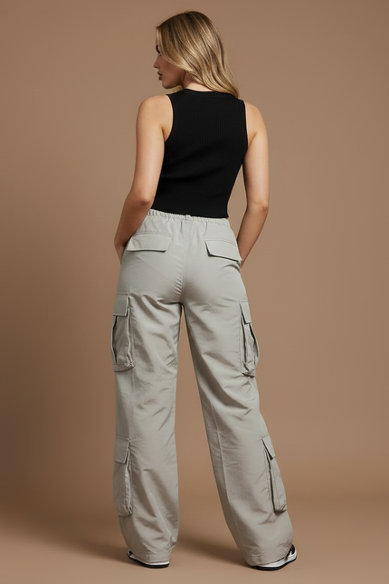 Pantalon Parachute Gris Ample Cargo Cordon Fluide - Polyester - vue 2