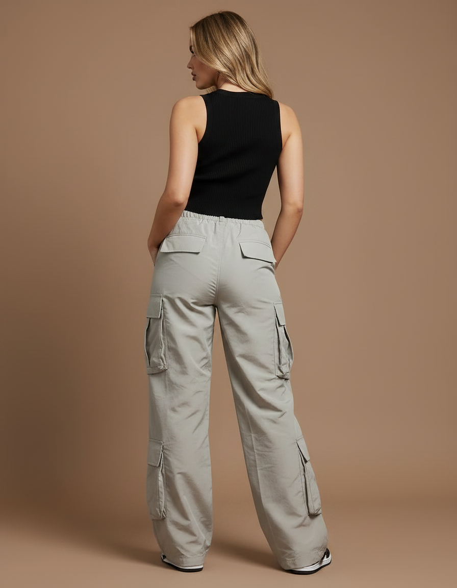 Pantalon Parachute Gris Ample Cargo Cordon Fluide - Polyester - vue 2
