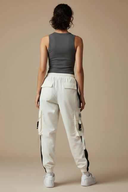 Pantalon Parachute Blanc Cargo Bicolore Ample Femme - Polyester - vue 2