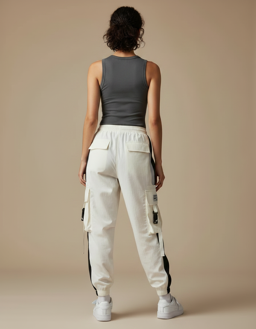 Pantalon Parachute Blanc Cargo Bicolore Ample Femme - Polyester - vue 2