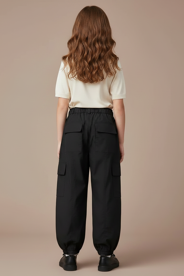 Pantalon Parachute Noir Cargo Ample Fille Cordon - Polyester - vue 2