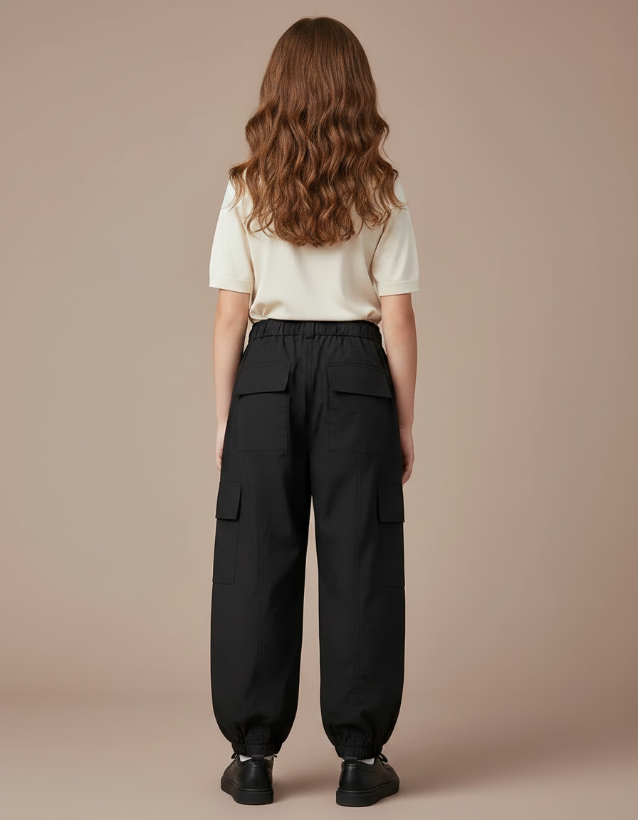 Pantalon Parachute Noir Cargo Ample Fille Cordon - Polyester - vue 2