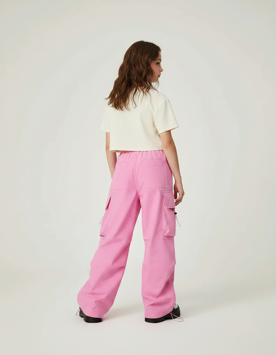 Pantalon Parachute Rose Cargo Ample Enfant Streetwear - Polyester - vue 2