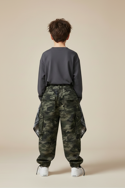 Pantalon Parachute Camouflage Cargo Ample Garçon Streetwear - Kaki Toile - vue 2