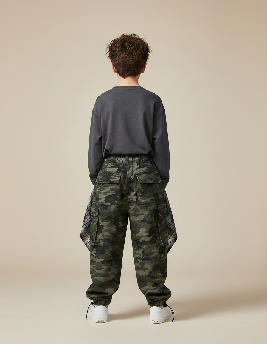 Pantalon Parachute Camouflage Cargo Ample Garçon Streetwear - Kaki Toile - vue 2