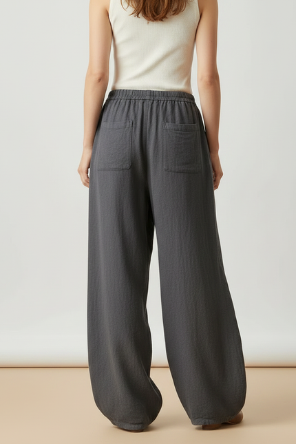 Pantalon Parachute Gris Lin Ample Femme Élastique - vue 2