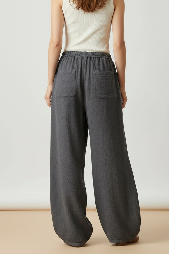 Pantalon Parachute Gris Lin Ample Femme Élastique - vue 2
