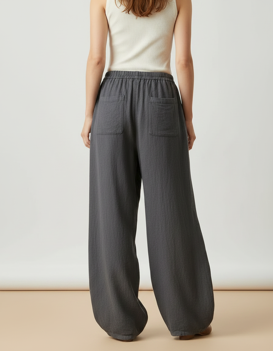 Pantalon Parachute Gris Lin Ample Femme Élastique - vue 2